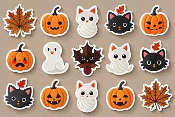 Fototapeta premium A collection of cute halloween stickers features pumpkins, cats, ghosts, and autumn leaves isolated on white background