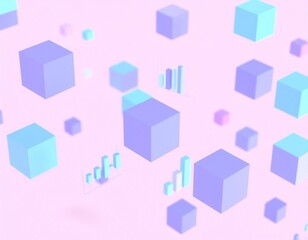 Abstract 3D data visualization with floating colorful cubes and graphs