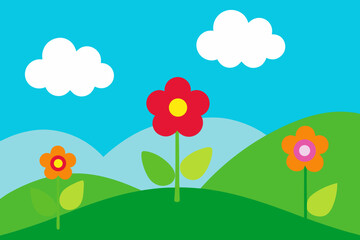 Bright cartoon flowers bloom on green hills under a blue sky with white clouds
