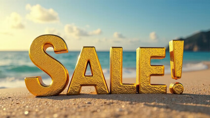 A bold golden "SALE!" sign stands on a sandy beach with turquoise ocean waves and a bright sky. summer promotions, vacation discounts, travel sales. Coastal marketing campaigns.