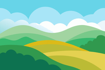 Obraz premium Stylized rolling green hills and golden fields under a blue sky with clouds