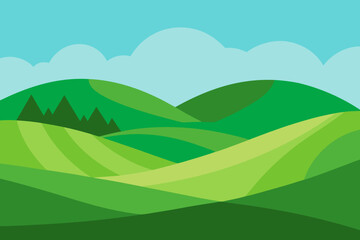 Stylized rolling green hills and fields under a blue sky with clouds