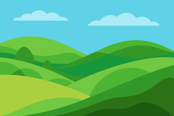 Stylized green rolling hills under a clear blue sky with fluffy clouds