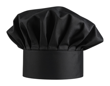 A classic black chef’s toque featuring neatly folded pleats and a slightly rounded to