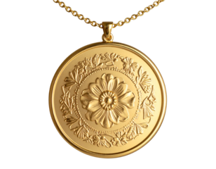 A circular gold locket designed with intricate botanical relief, softly swinging on