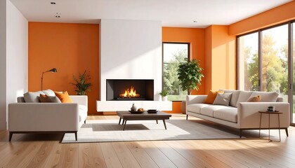 Fototapeta premium Modern living room with orange and white walls