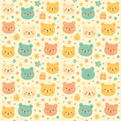 Cute seamless pattern with kawaii cartoon bear faces, pastel flowers, gifts, dots, and stars. Ideal for nursery wallpaper, baby shower design, fabric, wrapping, and kids prints