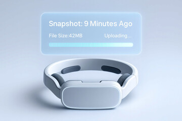 Contemporary virtual reality headset illustrates technology data transfer and connection with a...