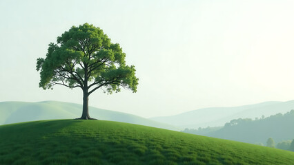 Fototapeta premium solitary tree stands tall amidst misty green landscape branches etched soft pale grey sky rolling hills