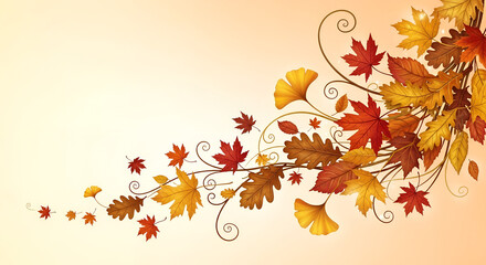 Autumn leaves design with warm colors and decorative swirls  