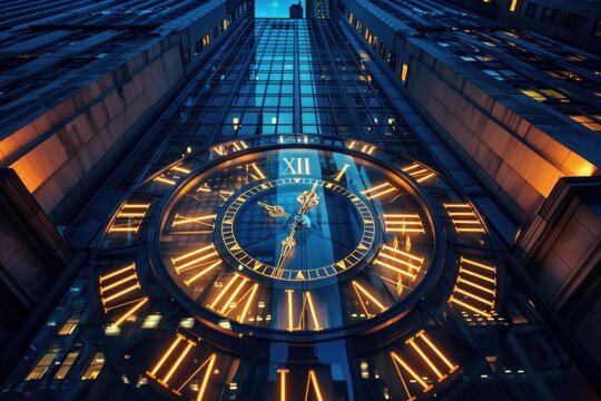 Perspective view of a majestic clock adorning a skyscraper at dusk, symbolizing time management and urban life