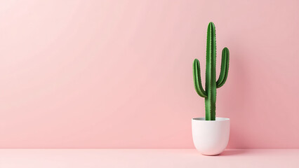 striking upright cactus stands proudly soft pink backdrop bright green hue radiating vibrancy amidst sparse negative space