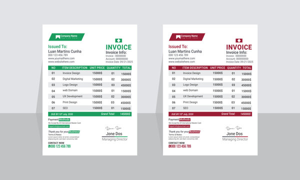 Minimal Business Invoice design template, business stationery design payment agreement design template, and Bill form business invoice accounting or professional corporate company business letterhead