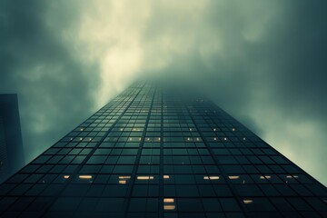 Low angle view of a modern office building disappearing into thick fog and clouds, creating a dramatic and mysterious atmosphere