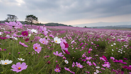 Beautiful cosmos flower field. Flowering rose hips against the blue sky.