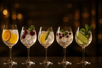 Refreshing gin and tonic cocktails with citrus and berries on dark bar top