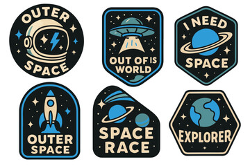 Retro Outer Space Badge Set, UFOs, Rockets, Planets and Galaxy Quotes. Perfect for Stickers, Patches, T-Shirts and Other Designs