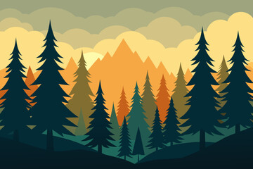 Stylized forest landscape with pine trees and mountains at sunset