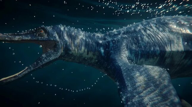 close-up underwater video of a Mosasaurus swimming past the camera, highlighting the fine scales, scars, and reptilian textures on its body with bubbles trailing behind 