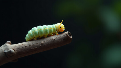 tiny caterpillar inches along weathered branch segmented body glinting soft natural light set dark velvety background