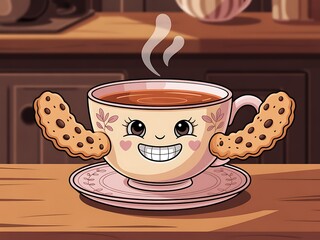 Smiling Tea Cup Character with Cookies on a Saucer Illustration
