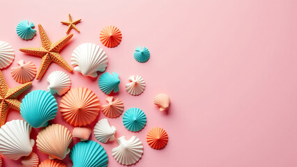tumble vibrant seashells starfish shades turquoise coral spill across soft pink backdrop joyful organic disarray