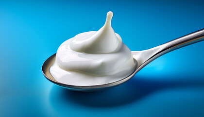 spoon featuring yogurt against a blue backdrop creates a vibrant and fresh visual highlighting the deliciousness of yogurt in a striking spoon composition