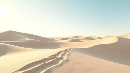 vast expanse weathered desert sand stretches infinity soft beige hues clear blue sky gentle warm sunlight casting