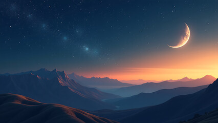 vast expanse golden mountains stretches across serene landscape night sky twinkling stars crescent moon