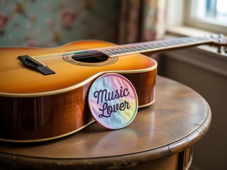 Acoustic Guitar with Music Lover Patch on Wooden Table Still Life