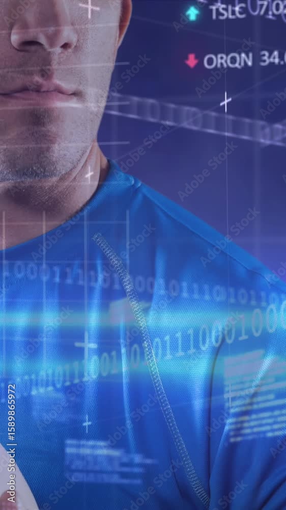 Poster animation of data processing and binary coding over caucasian male rugby player