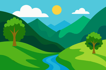 Obraz premium Stylized flat illustration of a serene landscape with rolling green hills and a winding river