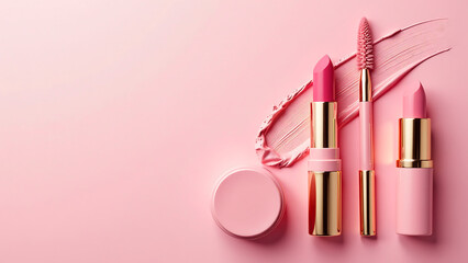 vibrant flat lay pink gold makeup products arranged artfully soft background elegant brushstrokes
