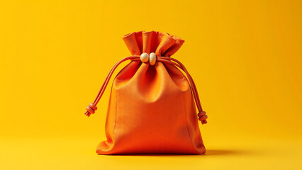 vibrant orange pouch intricate texture sits atop bright yellow background anchored rustic wooden toggle adds touch