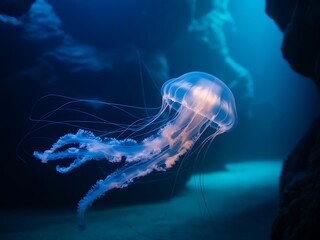 Translucent jellyfish gracefully drifting in the deep blue ocean water environment