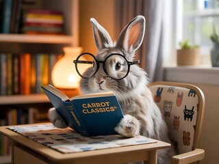 Adorable Bunny Reading Carrot Classics Book Wearing Glasses at a Desk