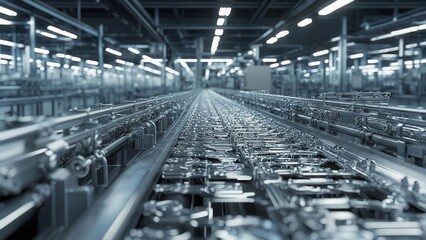 Fototapeta premium A wide, blurred view of a vast factory floor with long assembly lines and numerous industrial machines, suggesting high-volume production. Concept of mass manufacturing and industrial scale
