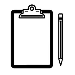 Clipboard with Pencil Vector Illustration – Black and White Stylized Office Icon Featuring Blank Sheet and Writing Tool for Productivity, Planning, and Organizational Concepts  

