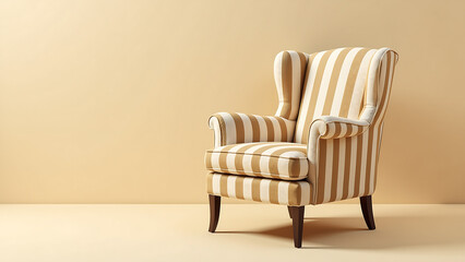 vintage armchair features bold graphic striped pattern upholstery rendered warm beige tones soft neutral