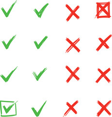 Hand Drawn Chalk Pencil Checklist Checkbox Signs Square Circle Sketch Style. Doodle Collection of Green Checkmarks, Red Crosses and Circles Chalk Charcoal Pencil.