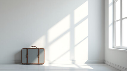 vintage grey suitcase sits pristine white wall illuminated soft sunlight pouring large window right side