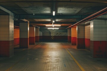 Deserted underground parking garage featuring red and white tiled pillars and soft, inviting lighting