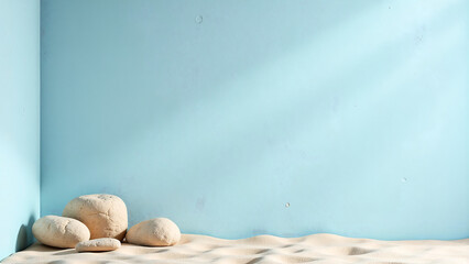 weathered cement wall stands soft pastel blue backdrop textured stones subtle sand undertones evoking timeless summer