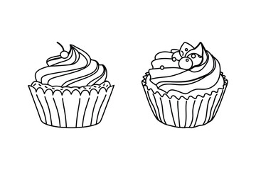 Two swirl frosted cupcakes with berries and cherry