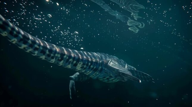 close-up underwater video of a Mosasaurus swimming past the camera, highlighting the fine scales, scars, and reptilian textures on its body with bubbles trailing behind 