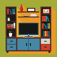 "Silhouette of a TV entertainment center with open shelves"