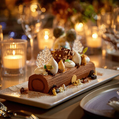 "Festive Yule Log Cake Collection – Christmas Chocolate Desserts with Holiday Decor and Lights"

