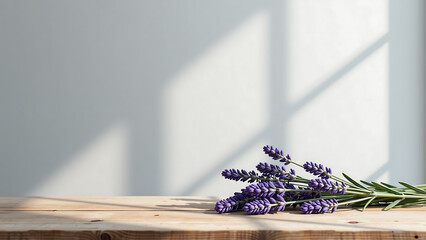weathered wooden table features organic arrangement fresh lavender sprigs calming soft gray wall warm natural