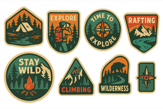 Outdoor Adventure Badge Set – Hiking, Climbing, Rafting, and Wilderness Campfire Patch Designs, for Stickers, Patches & Adventure Designs
