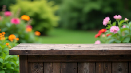 weathered wooden table stands atop rustic old wooden wall amidst lush greenery vibrant flowers set soft focus garden